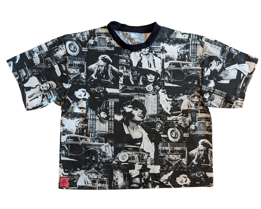 Fait à la main, Upcycled Vintage 1930's Noir et Blanc Old Hollywood Fabric T-Shirt Fits SML