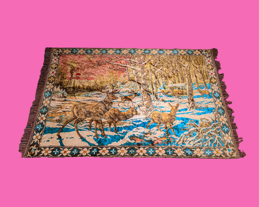 Tapis sauvage canadien doux et élégant vintage des années 1960 avec des cerfs et des imprimés de neige