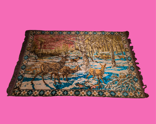 Tapis sauvage canadien doux et élégant vintage des années 1960 avec des cerfs et des imprimés de neige