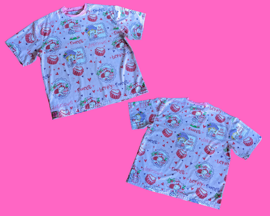 Handmade, Upcycled Strawberry Shortcake Bedsheet T-Shirt Oversized XL