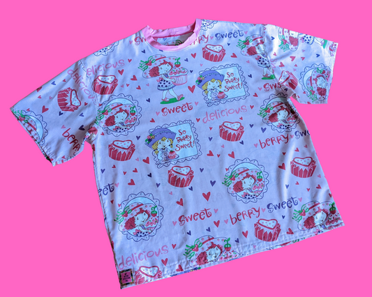 Handmade, Upcycled Strawberry Shortcake Bedsheet T-Shirt Oversized XL