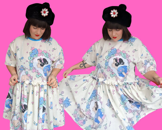 Handmade, Upcycled Disney Snow White and the Seven Dwarves Bedsheet T-Shirt Dress Fits S-M-L-XL