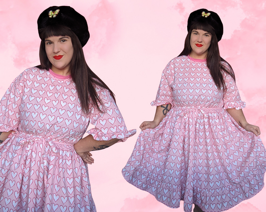 Handmade, Upcycled Valentine's Day Themed T-Shirt Dress, Pink Hearts Bedsheet Fits S-M-L-XL