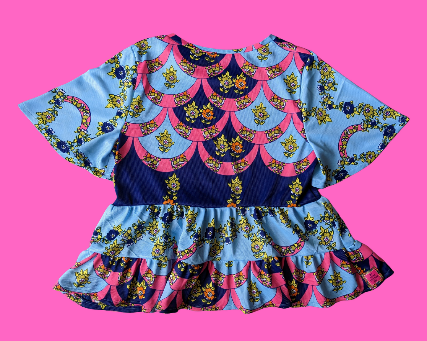 Handmade, Upcycled Vintage 1960's Blue and Pink Mod, Groovy Silky Polyester Blouse Size L