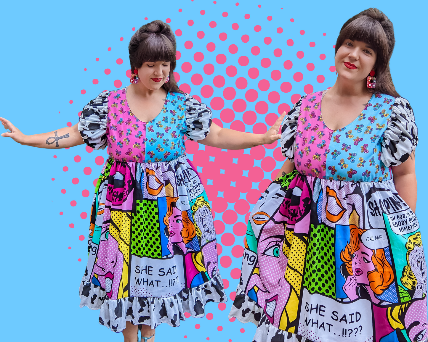 Handmade, Upcycled Vintage Pop Art Fabric and Pink/Blue Butterflies Dress, Cow Print Puffy Sleeves and Ruffled Trim Size L/XL