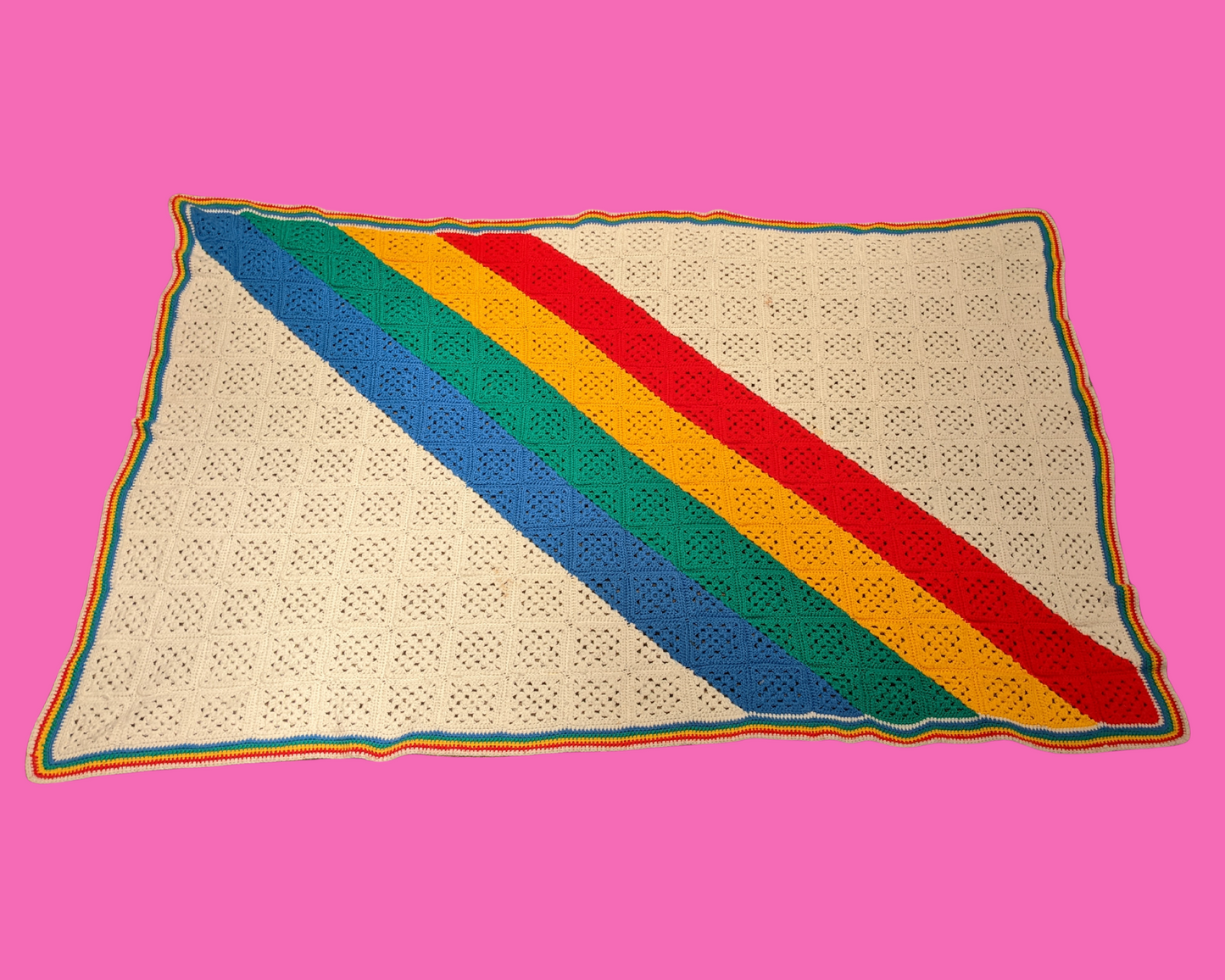 Vintage 1970's Rainbow Colours Wool Crochet Blanket