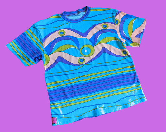 Fait à la main, vintage recyclé, tissu Groovy, extensible, T-shirt surdimensionné XS - Convient comme une taille M