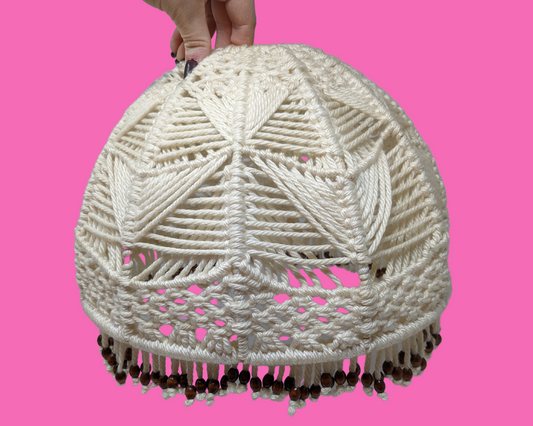 Vintage 1970's White Wool, Crochet, Macrame Lamp Shade with Beads