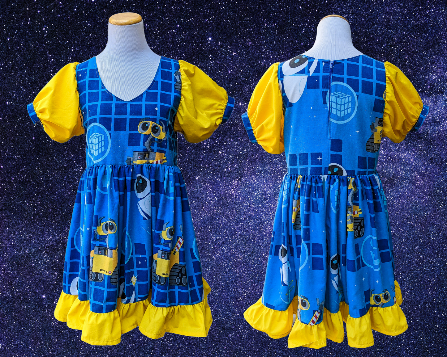 Fait à la main, Upcycled Disney, Pixar Wall-E Bedsheet Dress, Short Yellow Puffy Sleeves, Size S/M