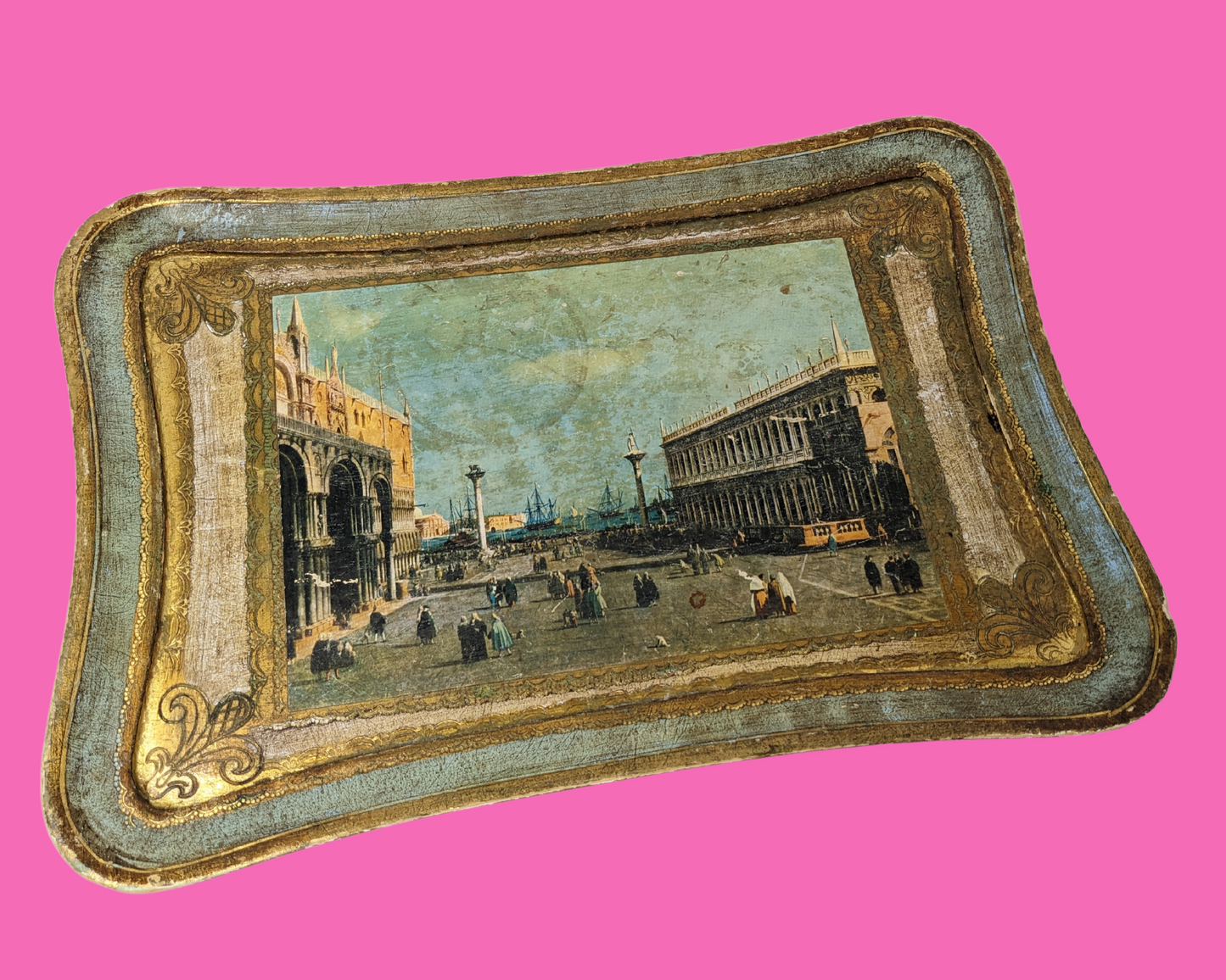 Antique Late 18th Century View of St. Mark Square Wooden, Decorative Florentine Tray From Rome Italy
