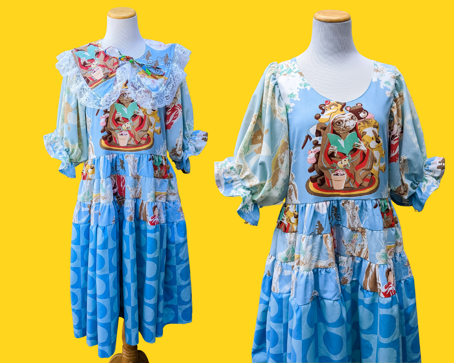 Handmade, Upcycled E.T Bedsheets Dress, Mid-Length Puffy Sleeves and Vintage Blue Truprest Bedsheets Size S/M