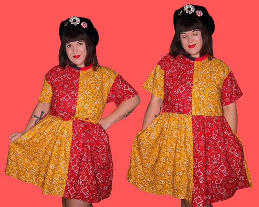 Fait à la main, Upcycled Mix-Matched Paisley jaune et rouge, robe t-shirt en tissu de style bandana Convient SML-XL