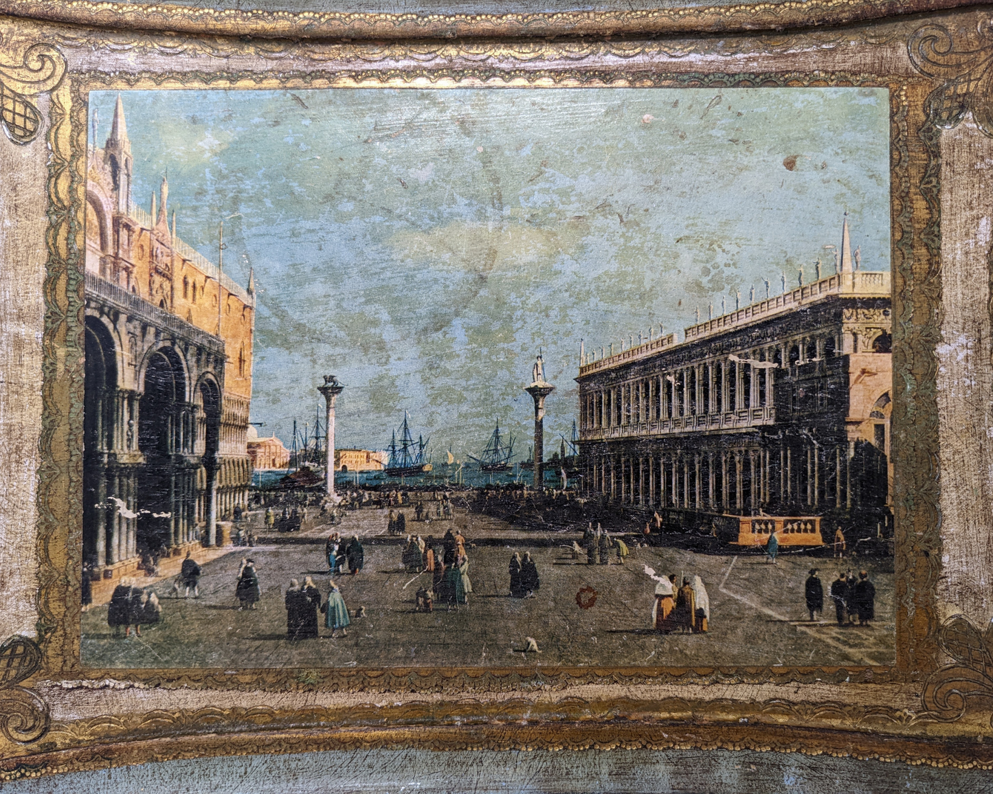 Antique Late 18th Century View of St. Mark Square Wooden, Decorative Florentine Tray From Rome Italy