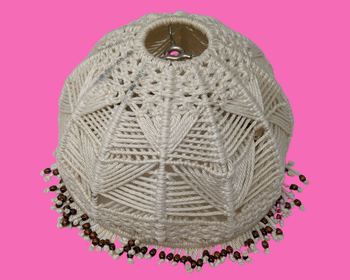 Vintage 1970's White Wool, Crochet, Macrame Lamp Shade with Beads