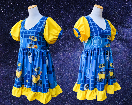 Handmade, Upcycled Disney, Pixar Wall-E Bedsheet Dress, Short Yellow Puffy Sleeves, Size S/M