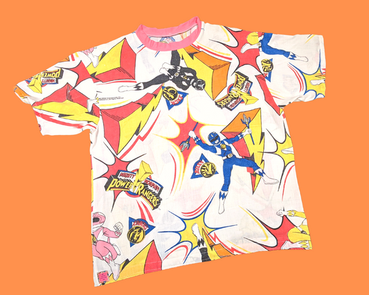 Handmade, Upcycled The Power Rangers Vintage 1990's Bedsheet T-Shirt Oversized XS - Fits Like a Size M