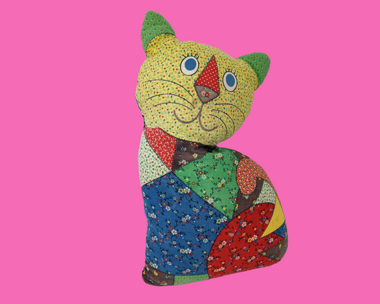 Vintage 1970's Plush Patchwork Cat Decorative Cushion