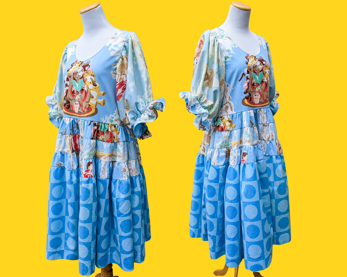 Handmade, Upcycled E.T Bedsheets Dress, Mid-Length Puffy Sleeves and Vintage Blue Truprest Bedsheets Size S/M