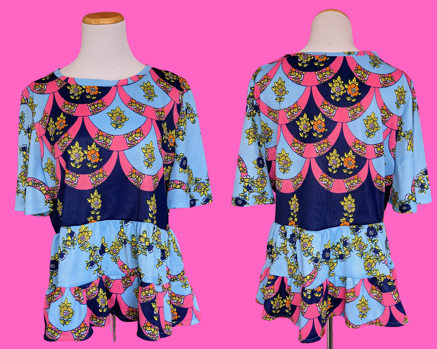 Handmade, Upcycled Vintage 1960's Blue and Pink Mod, Groovy Silky Polyester Blouse Size L