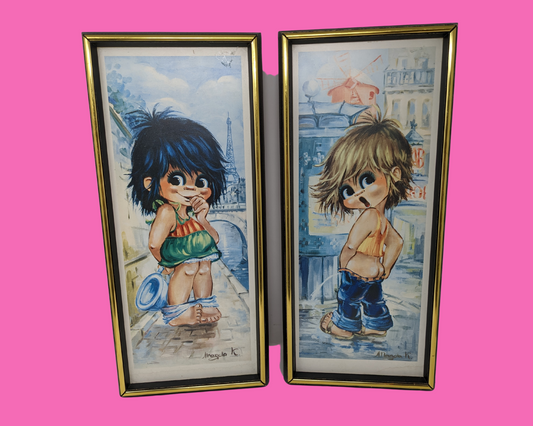 Vintage 1970's Big Eyes Encadré Prints Paris Children, Set of Two, par l'artiste Magda K