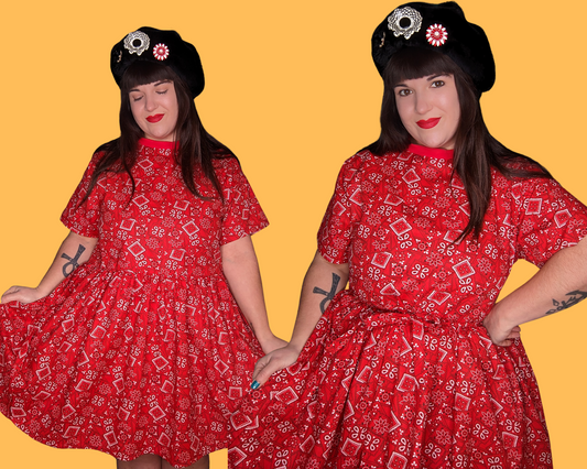 Handmade, Upcycled Red Paisley, Bandana Styled Fabric T-Shirt Dress Fits S-M-L-XL