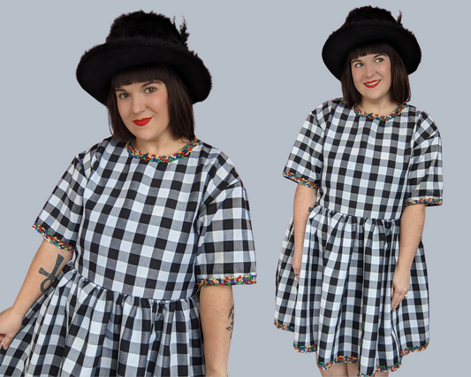 Handmade, Upcycled Black and White Checkers Patterned Table Cloth T-Shirt Dress Fits S-M-L-XL