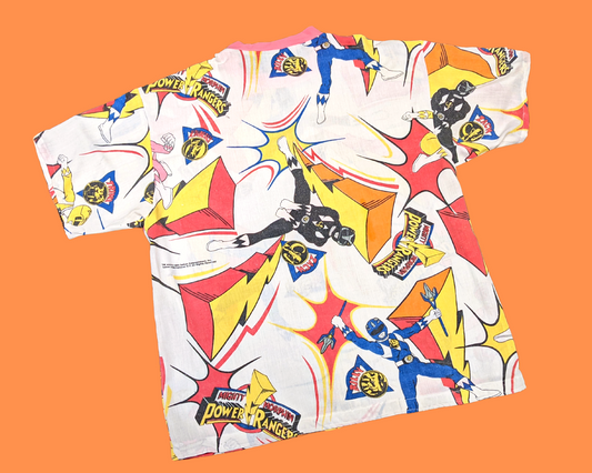 Fait à la main, Upcycled The Power Rangers Vintage 1990's Bedsheet T-Shirt Oversize XS - Convient comme une taille M