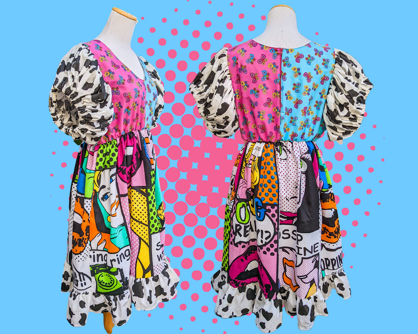 Fait à la main, tissu Pop Art vintage recyclé et robe papillons roses/bleus, manches bouffantes à imprimé vache et bordure à volants Taille L/XL