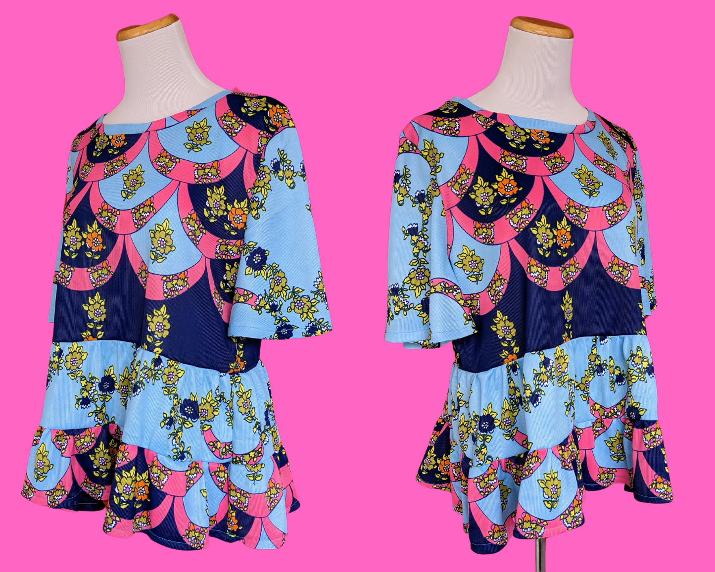 Handmade, Upcycled Vintage 1960's Blue and Pink Mod, Groovy Silky Polyester Blouse Size L