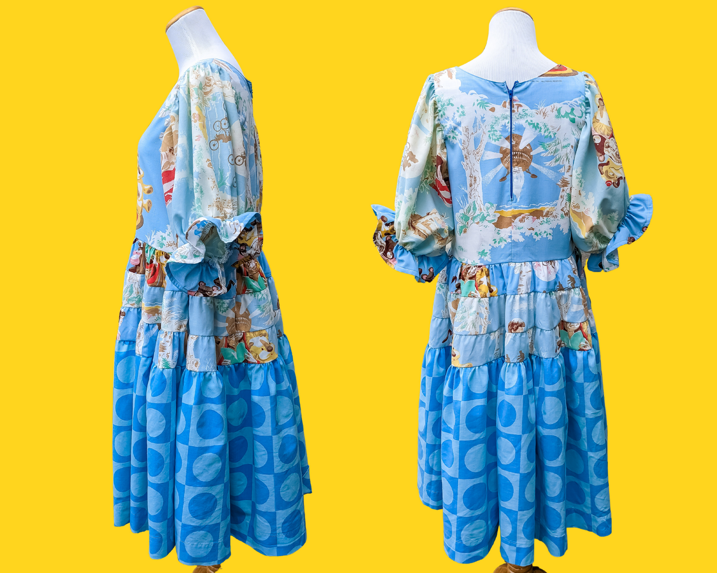 Handmade, Upcycled E.T Bedsheets Dress, Mid-Length Puffy Sleeves and Vintage Blue Truprest Bedsheets Size S/M