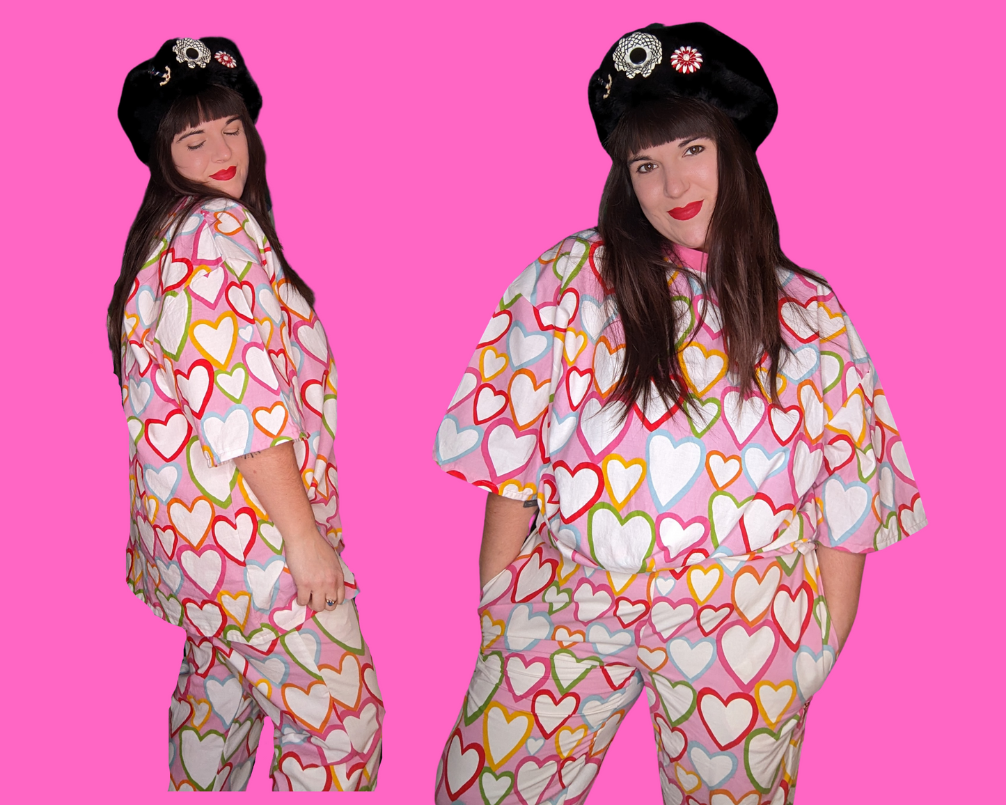 Handmade, Upcycled Pink and Rainbow Hearts Patterned Fabric Pajama Set, T-Shirt and Bottoms, Size M and 2XL