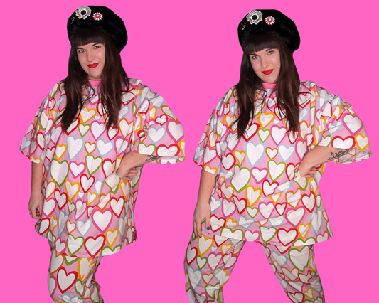 Handmade, Upcycled Pink and Rainbow Hearts Patterned Fabric Pajama Set, T-Shirt and Bottoms, Size M and 2XL