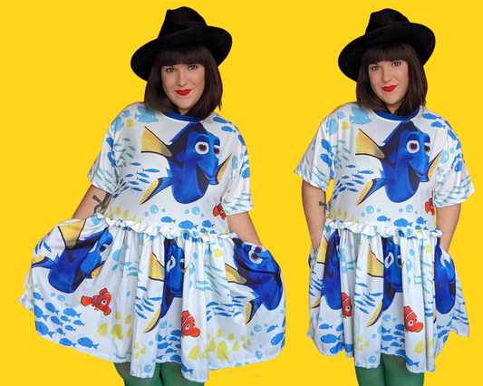 MADE TO ORDER, Handmade, Upcycled Disney, Pixar, Finding Nemo Bedsheet T-Shirt Dress Fits Sizes S-M-L-XL or 2XL