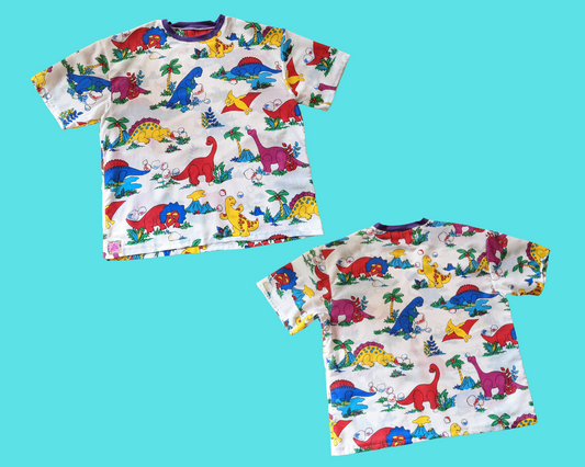 Handmade, Upcycled Vintage 1990's Dinosaurs Patterned Fabric T-Shirt Oversized XL