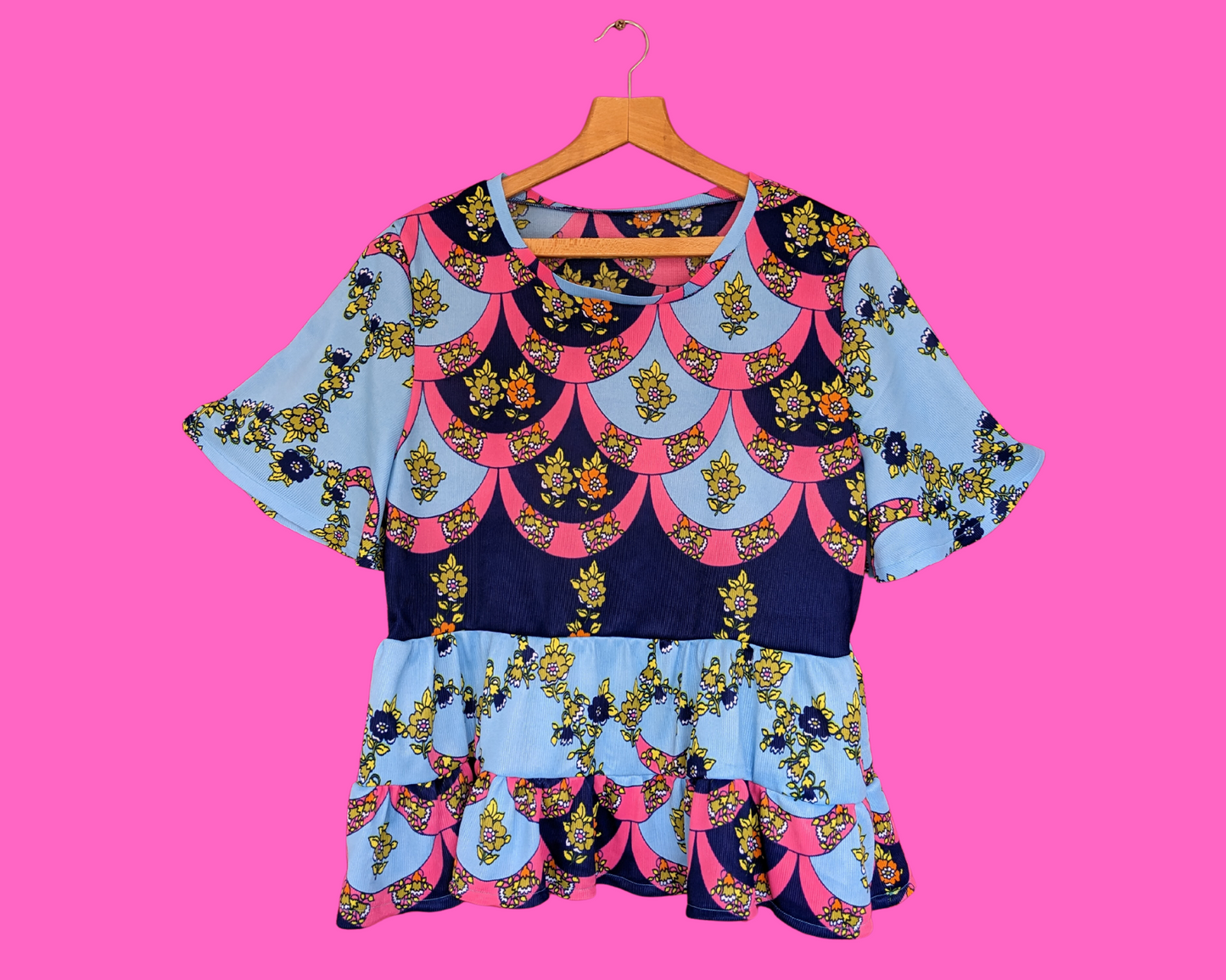 Handmade, Upcycled Vintage 1960's Blue and Pink Mod, Groovy Silky Polyester Blouse Size L