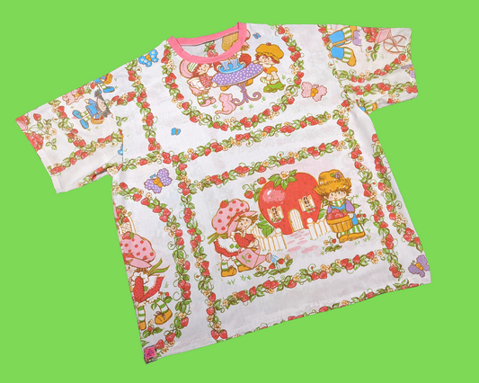 Handmade, Upcycled Strawberry Shortcake Vintage 1980's Bedsheet T-Shirt Oversized XL