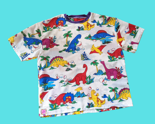 Handmade, Upcycled Vintage 1990's Dinosaurs Patterned Fabric T-Shirt Oversized XL