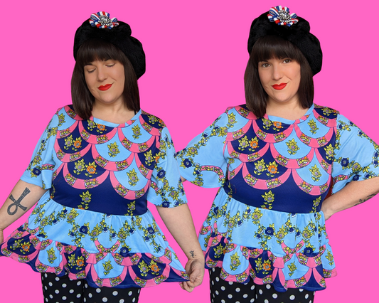 Handmade, Upcycled Vintage 1960's Blue and Pink Mod, Groovy Silky Polyester Blouse Size L