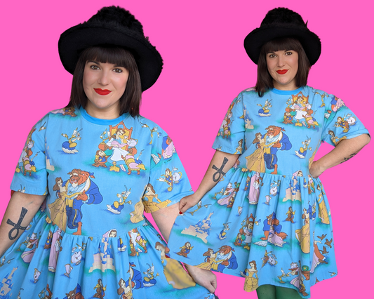 Handmade, Upcycled Disney Beauty and the Beast Bedsheet T-Shirt Dress Fits S-M-L-XL