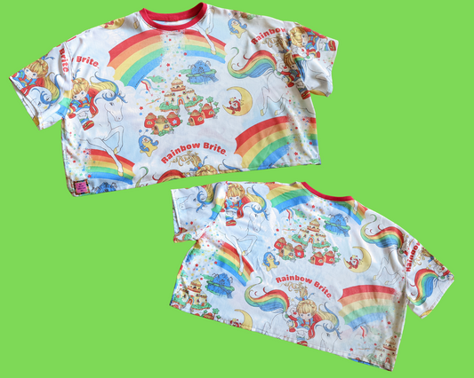 Fait à la main, Upcycled Vintage 1980's Rainbow Brite Drap de lit Crop Top Taille 2XL