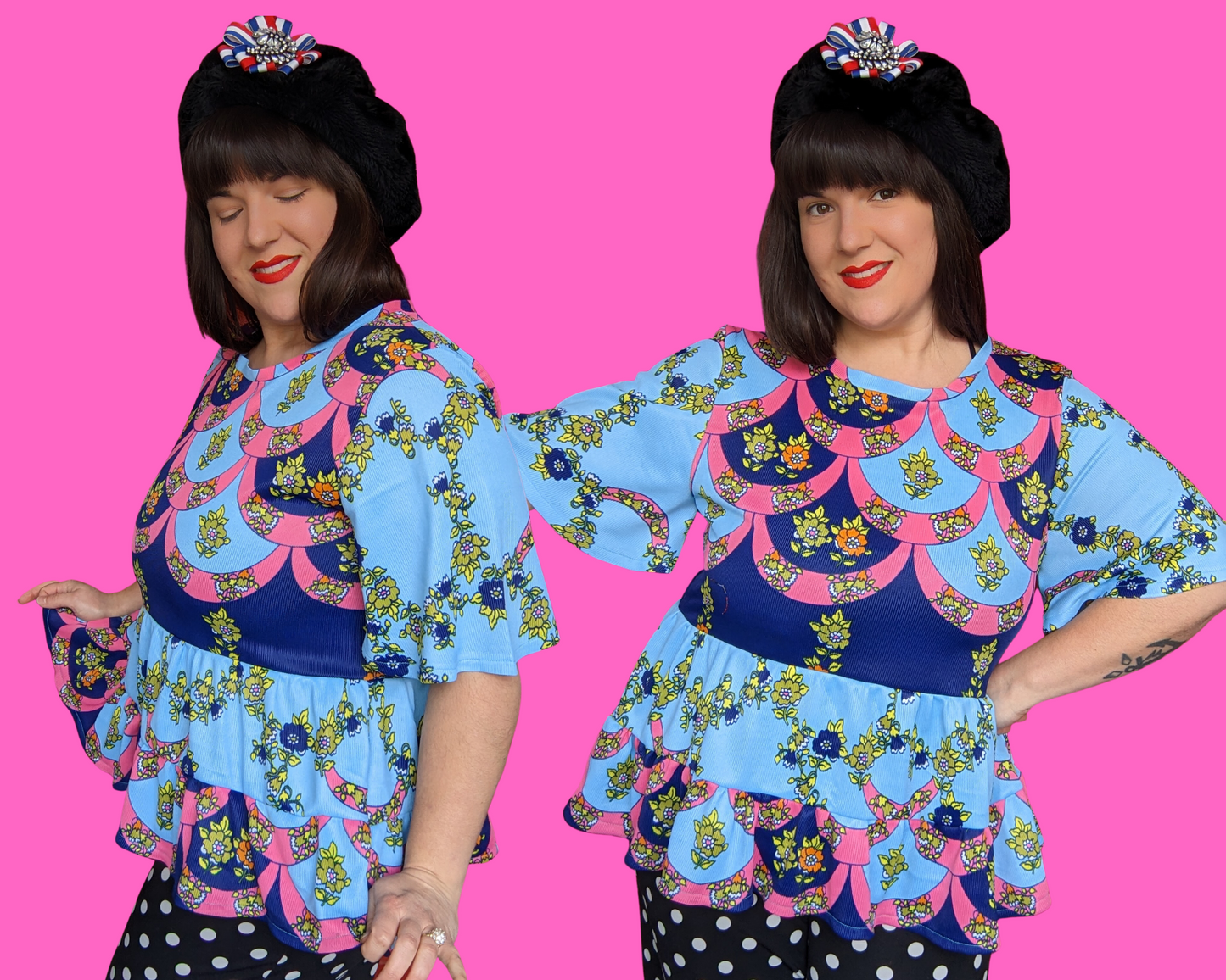 Handmade, Upcycled Vintage 1960's Blue and Pink Mod, Groovy Silky Polyester Blouse Size L