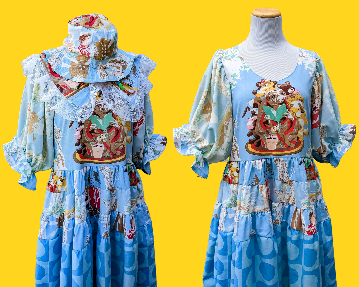 Handmade, Upcycled E.T Bedsheets Dress, Mid-Length Puffy Sleeves and Vintage Blue Truprest Bedsheets Size S/M