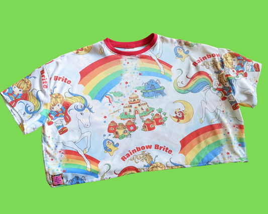 Fait à la main, Upcycled Vintage 1980's Rainbow Brite Drap de lit Crop Top Taille 2XL