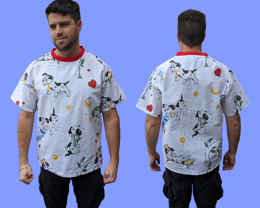 Handmade, Upcycled Vintage 1990's Dalmatian Puppies Bedsheet T-Shirt Oversized XS - Fits Like A Size M