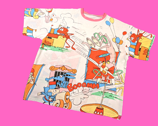 Fait à la main, Upcycled The Pink Panther Cartoon Vintage 1980's Bedsheet T-Shirt Oversized XL