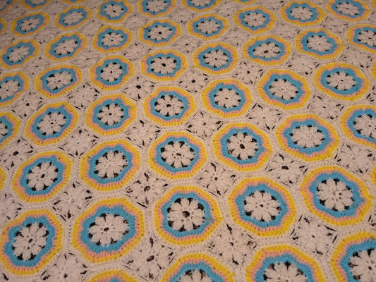 Vintage 1960's White, Blue, Yellow, Pink Acrylic Crochet Blanket