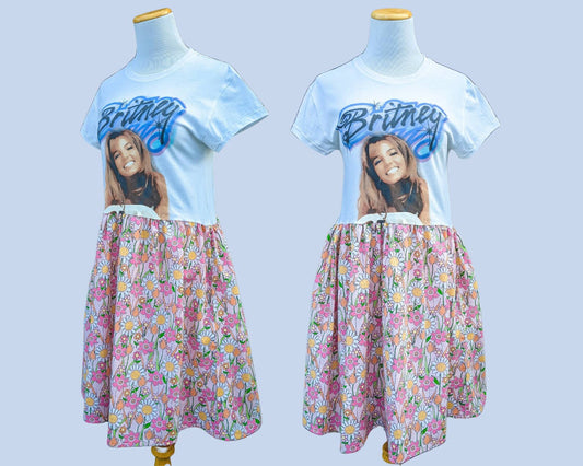 Handmade, Upcycled Britney Spears T-Shirt Dress, Vintage 1960's Pink Floral Patterned Skirt Size S