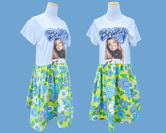 Handmade, Upcycled Britney Spears T-Shirt Dress, Vintage 1970's Floral Pattern Bedsheets Skirt Size M