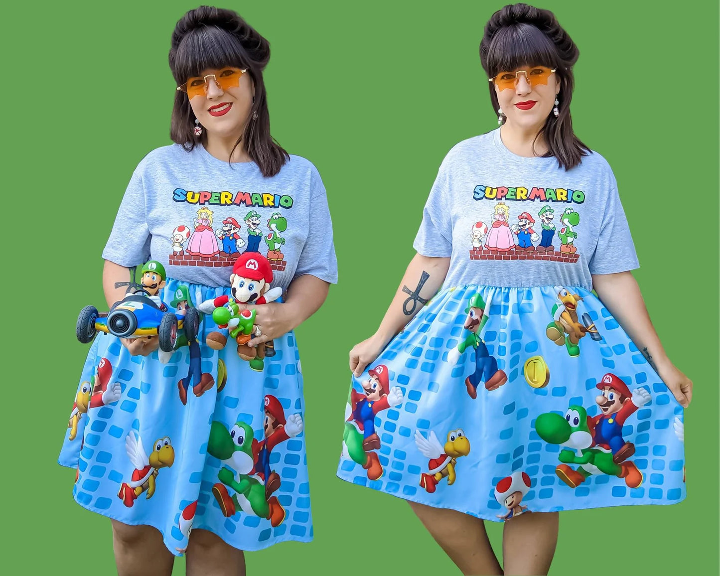 Handmade, Upcycled Super Mario Bros T-Shirt Dress, Upcycled Super Mario Bros Bed Sheet Skirt Size M-L