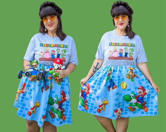 Fait à la main, Upcycled Super Mario Bros T-Shirt Dress, Upcycled Super Mario Bros Bed Sheet Jupe Taille ML